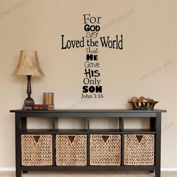 Pegatinas de pared John 316 Cross Calcomanía - Etiqueta cristiana Decoración Dios amó citas del versículo bíblico para el dormitorio CX2201222W