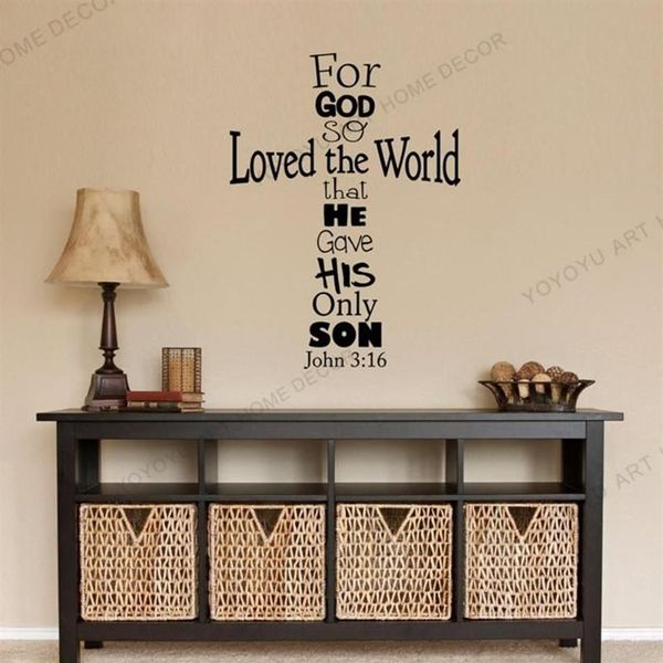 Pegatinas de pared John 316 Cross Calcomanía - Etiqueta cristiana Decoración Dios amó citas del versículo bíblico para el dormitorio CX2201202d