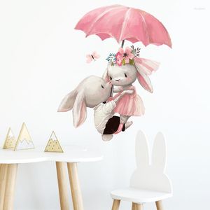 Pegatinas de pared Kawaii 3D pegatina paraguas romántico besando amantes conejos Muraux Art Room Decor Adesivo De Parede P073