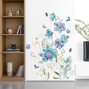 Stickers muraux grandes fleurs bleues pour salle à manger chambre décor papillon vinyle décalcomanies papiers peints décoration de la maison 230603