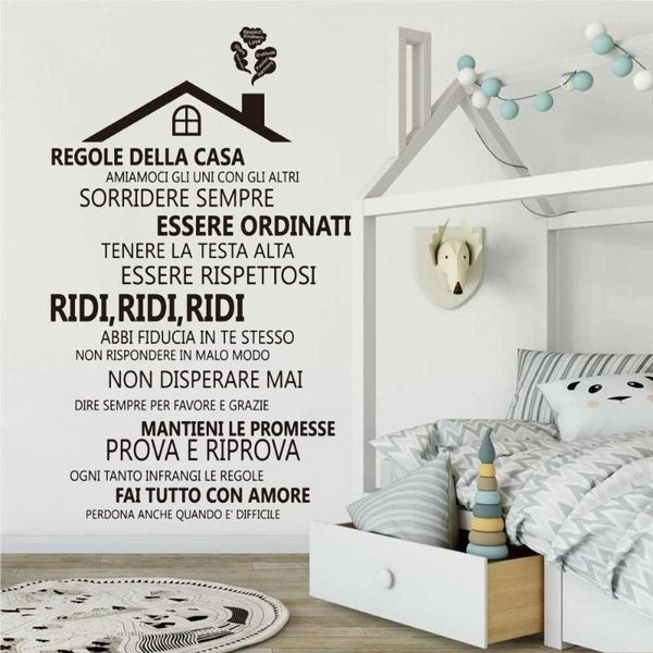 Autocollants muraux de grandes règles de la maison italienne, étiquette de salon, chambre à coucher, rire en direct, amour, citation de famille, décor de salle de jeux