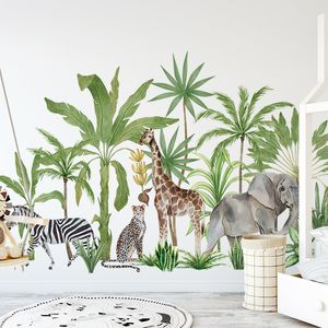 Stickers muraux Grande taille 150 cm x 93 cm animal africain plante tropicale aquarelle éléphant girafe autocollant mural chambre d'enfant maternelle autocollant mural 230410