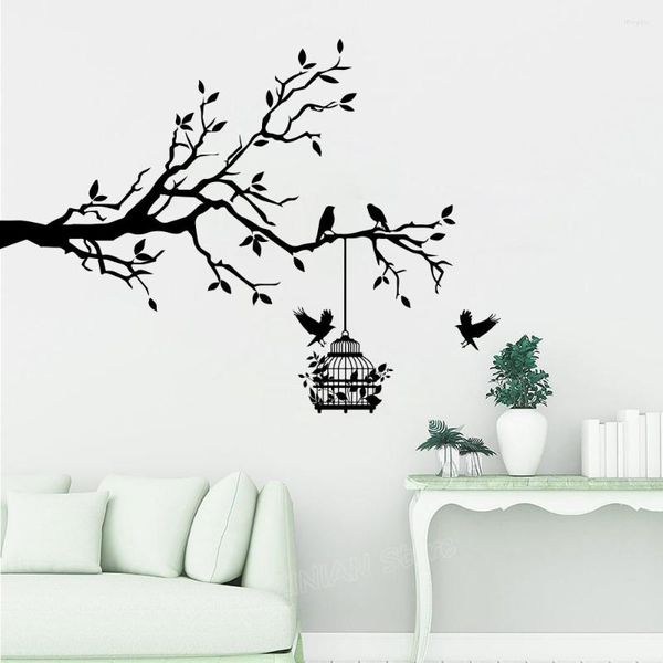 Pegatinas de pared árbol grande pájaro pájaro jaula pegatina sala de estar bebé rama de guardería Animal jaula calcomanía dormitorio decoración del hogar