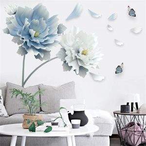 Autocollants muraux grande fleur blanche et bleue, papillon de Lotus, décalcomanies d'art 3D amovibles, décoration murale pour salon chambre à coucher 230822