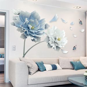 Pegatinas de pared grande blanco azul flor loto mariposa extraíble 3D arte calcomanías decoración del hogar Mural para sala de estar dormitorio 230603