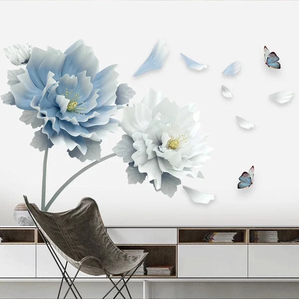 Autocollants muraux grande fleur blanche bleue papillon de Lotus, sparadrap d'art 3D amovibles, décoration murale pour salon chambre à coucher 231017