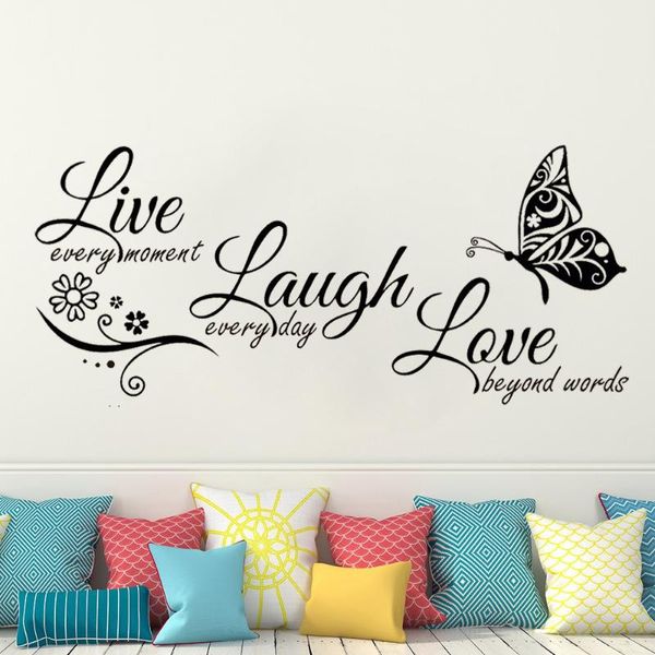 Stickers muraux Live Laugh Love Quotes Papillon Fleur Stickers Modernes Vinyles Amovibles Décoration Salon Affiche HJ0265