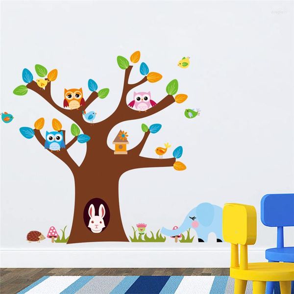 Stickers muraux belle hiboux coloré arbre autocollant pour enfants chambre décor pépinière maison décalcomanie amovible bricolage dessin animé Animal Mural Art