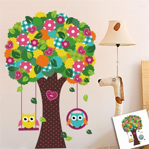 Pegatinas de pared Lovely Owlets Swinging Tree Sticker para Kindergarten Kids Room Decoraciones para el hogar Nursery Cartoon Animal Mural Art Diy Decals