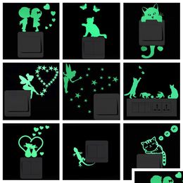 Wandstickers Luminous Cartoon Switch Sticker Glow in the Dark Cat Fluorescent Fairy Moon Stars Kid Room Decoratie Home Decor Drop Dhywk