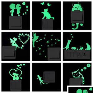 Stickers muraux lumineux dessin animé interrupteur autocollant lueur dans le chat sombre fluorescent fée lune étoiles enfant chambre décoration décor à la maison goutte dhywk