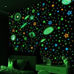 Autocollants muraux étoiles lumineuses points planète autocollant pour bébé chambre d'enfants chambre décoration de la maison décalcomanies brillent dans les accessoires sombres