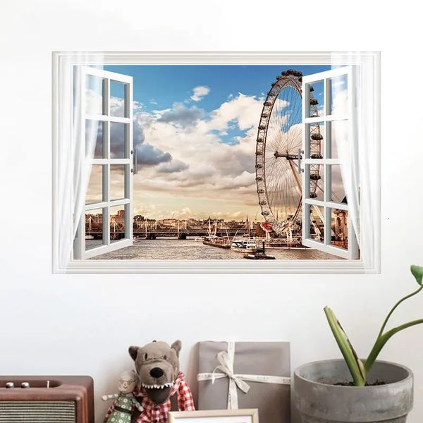 MAMALOOK grande roue au crépuscule autocollant Mural fausse fenêtre chambre salon décoration murale papier peint Art 3D paysage autocollants 231208