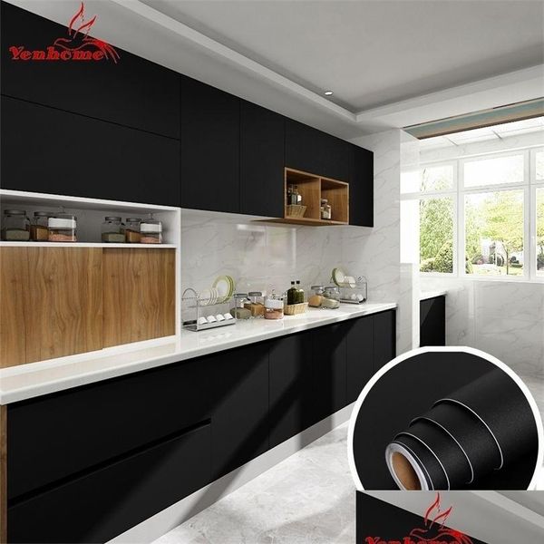 Pegatinas de pared Mate Negro Armario de cocina Papel tapiz Autoadhesivo Vinilo impermeable Calcomanías de escritorio extraíbles Decoración para el hogar 30 cm de ancho Drop Dhr3Z