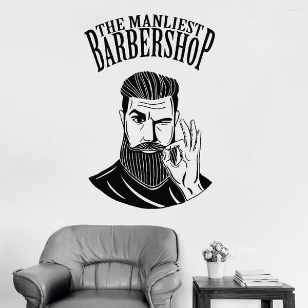 Pegatinas de pared para hombre, cartel de barbería, Mural, logotipo de barbería, pegatina para ventana, decoración para peluquería, movible LC480