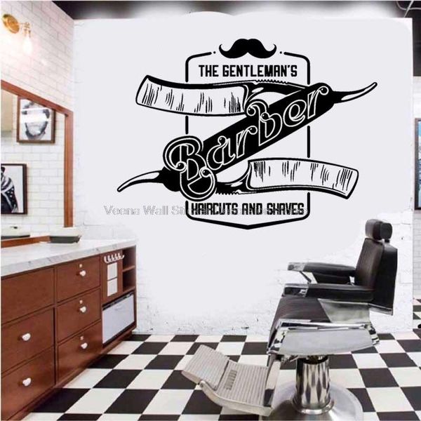 Autocollants muraux salon de coiffure pour hommes décalcomanies styliste Salon de coiffure moustache rasoir fenêtre signe décoration autocollant Mural cadeau