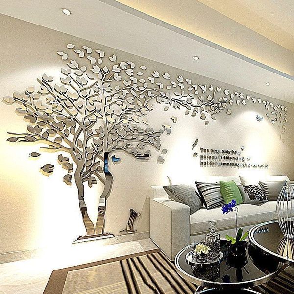 Stickers Muraux Miroir Argent Grand Arbre Canapé TV Fond D'écran DIY Art Stickers Qualité 3D Acrylique Stickers Muraux Peintures Murales Affiches