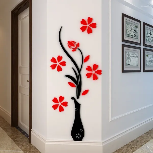 Stickers muraux multi-taille coloré multi-pièces fleur vase 3D acrylique décoration autocollant bricolage art affiche décor à la maison chambre wallstick