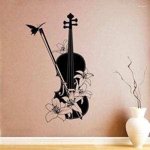 Pegatinas de pared, calcomanía de instrumento musical, pegatina de violín, decoración del hogar con flores, Mural, póster AY1394