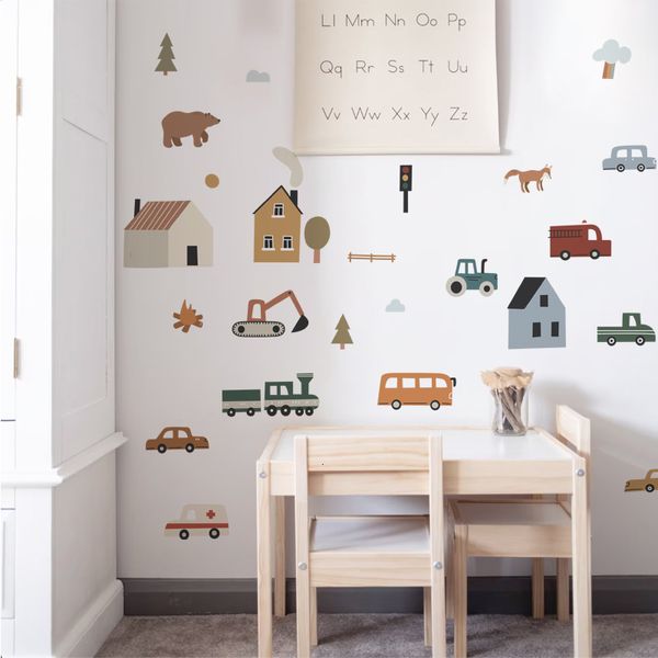Stickers muraux Nordic voiture construction animaux autocollants salon fond décoration murale chambre d'enfant disposition maternelle papier peint 230714