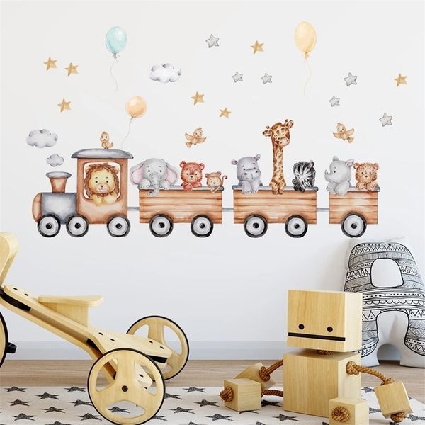 Pegatinas de pared Animales de dibujos animados nórdicos para habitaciones de niños Niñas Niños Decoración de la habitación del bebé Jirafa Elefante Tren Aves Estrella Papel tapiz 231026