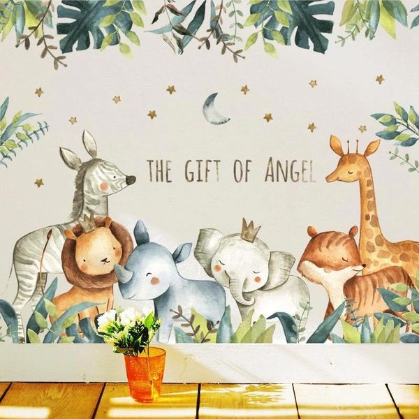 Pegatinas de pared nórdica jirafa León elefante Animal guardería bebé dormitorio decoración calcomanía dibujos animados papel tapiz para habitación de niños