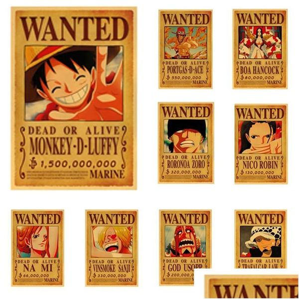 Pegatinas de pared de una pieza, póster clásico Vintage, Luffy Zoro, decoración de habitación, arte, papel Kraft, entrega a domicilio, jardín, Dhw5C