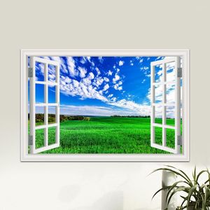 Autocollants muraux une pièce, image de nature de montagne, paysage de prairie, papier peint Mural, vue de fenêtre 3D, décor en PVC