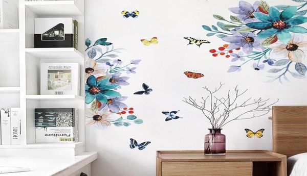 Pegatinas de pared pintadas de flores, mariposa, sala de estar, dormitorio, decoración del porche, calcomanías extraíbles, decoración romántica para el hogar 8635604