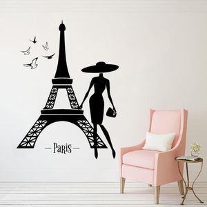 Stickers Muraux Paris France Romance Autocollant Tour Decal Belle Fille Oiseaux Conception Affiche Décor À La Maison Cadeau AY1584Wall StickersWall