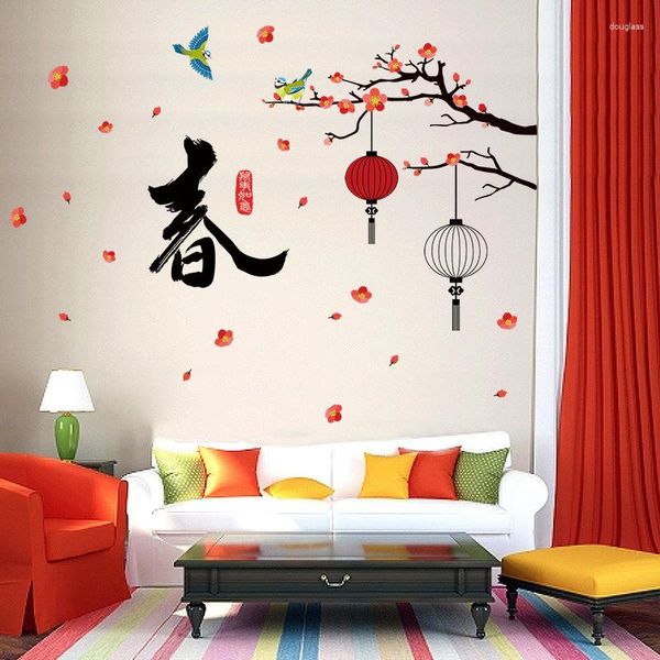 Stickers muraux Autocollant de branche de fleur de pêcher caractères chinois décalcomanies de printemps canapé/TV fond décoration de la maison pour chambre salon