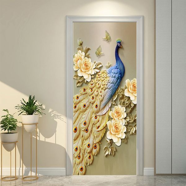 Stickers muraux Paon Fleur Porte Animal Papier Peint Faune Floral PVC Autocollant Mural Autocollant Maison Salle De Bains Chambre Décor Affiche 230720