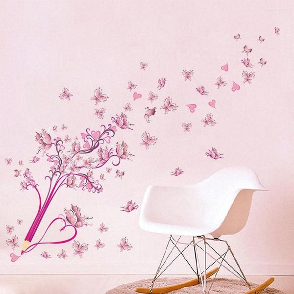 Pegatinas de pared Rosa flor lápiz PVC flor mariposa arte calcomanía murales extraíble DIY sala de estar Fondo decoración del hogar