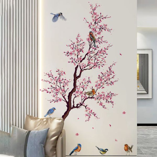 Pegatinas de pared, ciruelo rosa, pájaros, decoración de la habitación del hogar, póster, papel tapiz adhesivo para dormitorio, muebles de pared, decoración Interior de la casa
