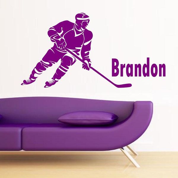 Stickers muraux jouer au Hockey décor à la maison salon nom personnalisé PVC autocollant sur Art décalcomanies mur mur