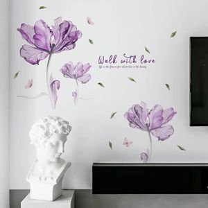 Autocollants muraux plantes à fleurs violettes, sparadrap de décoration de salon de maison, bordure en papier de chambre à coucher, décoration intérieure de porte de maison 231211