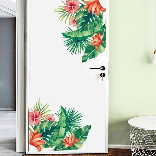 Pegatinas de pared, flores rojas, calcomanías de plátano verde, papel tapiz para sala de estar y dormitorio, murales de decoración de PVC para puerta y hogar