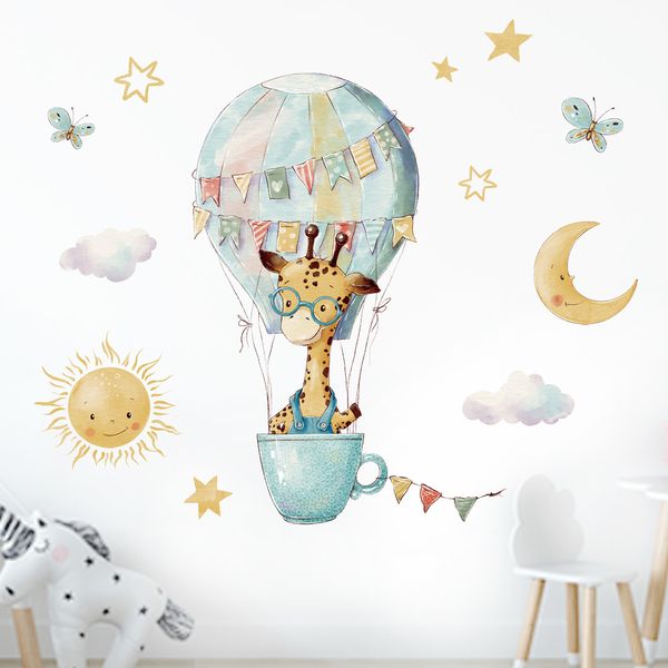 Pegatinas de pared extraíbles, lindo globo de aire de jirafa para habitación de niños, decoración de habitación de bebé, calcomanías de decoración del hogar, murales de arte animal 230822