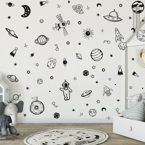 Pegatinas de pared Rocket Ship Astronauta Etiqueta de vinilo creativa para la decoración de la habitación de los niños Planetas del espacio exterior Calcomanía Decoración de la guardería B926 230822