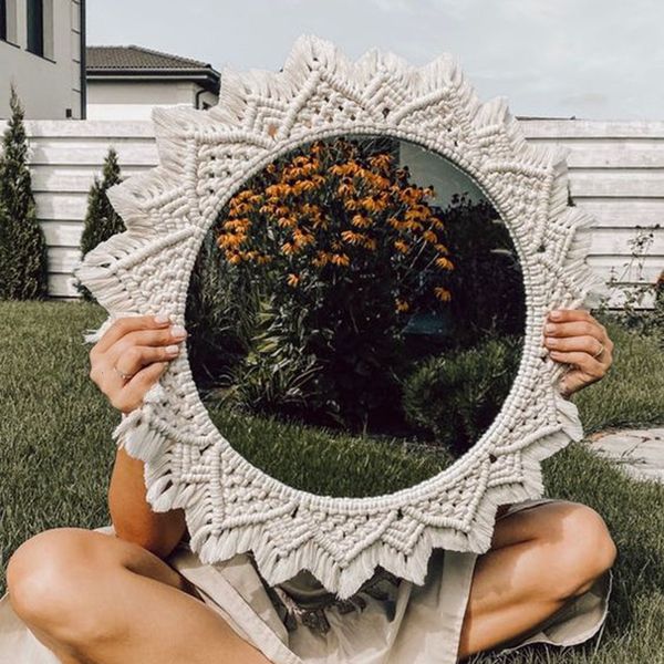 Autocollants muraux Round Macrame Decorative Mirror For Boho Home Decor Makeup Aesthetic Living Room Bedroom Christmas Wedding Decoration Gift 230330