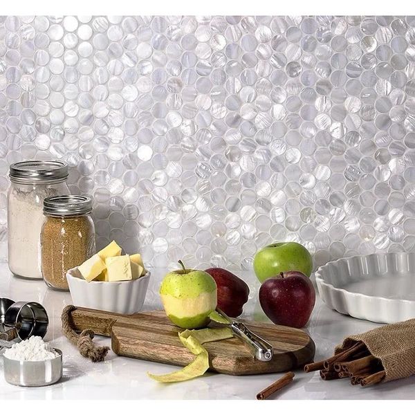 Stickers muraux rond blanc nacre coquille mosaïque napperon carrelage autocollant cuisine salle de bain fond décoration naturel 231010