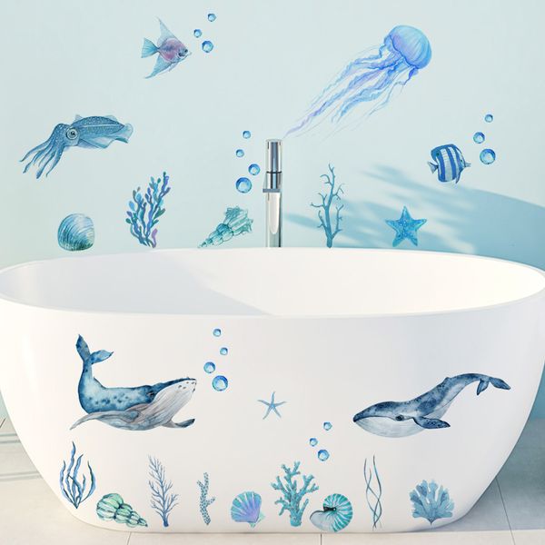 Pegatinas de pared de animales marinos para cuarto de baño, ducha, ballena, algas, medusas, calcomanías de burbujas, decoración de bañera, murales 230822