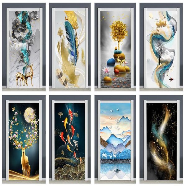 Pegatinas de pared Autoadhesivo Etiqueta de la puerta Deer Feather Fish Wallpaper Pasillo Dormitorio Decoración Mural Peel Stick Decoración de muebles Poster 230717