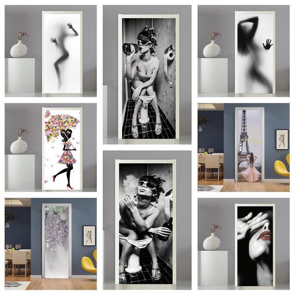 Pegatinas de pared Sexy para mujer 3D puerta Peel Stick vinilo pegatina cubierta de inodoro calcomanía diseño del hogar Re papel tapiz arte decoración murales 230717