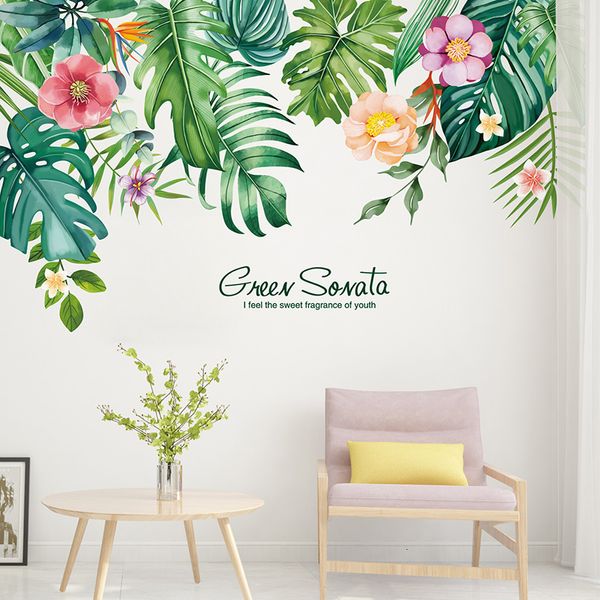 Pegatinas de pared SHIJUEHEZI hojas de árbol DIY calcomanías de plantas tropicales verdes para sala de estar cocina accesorios de decoración del hogar 230321