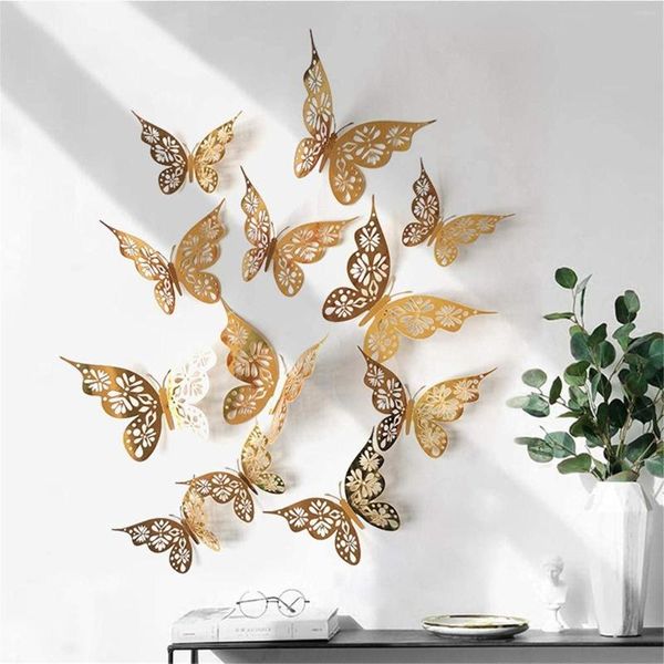 Pegatinas de pared, pegatina de mariposa hueca 3D de oro rosa metálico brillante para decoración del hogar, mariposas, decoración de habitación, boda DIY