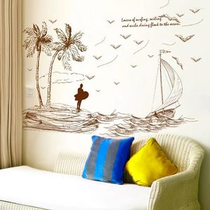 Pegatinas de pared, boceto de velero de playa para sala de estar, decoración de dormitorio, calcomanías de árbol de coco extraíbles, murales artísticos Dc18