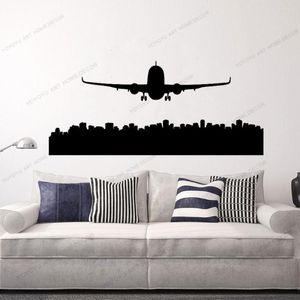 Muurstickers wolkenkrabbers skyline City Country silhouet voor kantoorvliegtuig sticker woonkamer kunst cx608