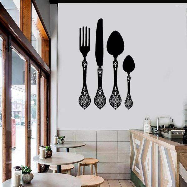 Pegatinas de pared, cuchara, cuchillo y tenedor, calcomanía, utensilios de cocina, adornos, pegatina impresionante para decoración de restaurantes C435