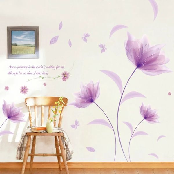 Pegatinas de pared, pegatina de amor, flores púrpuras románticas, dormitorio para decoración del hogar, calcomanías artísticas, papel tapiz de fondo, decoración 231128